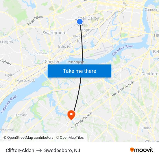 Clifton-Aldan to Swedesboro, NJ map