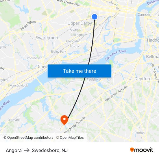 Angora to Swedesboro, NJ map