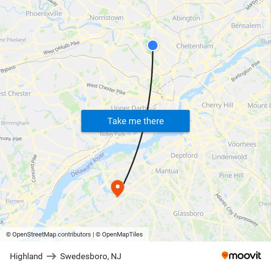 Highland to Swedesboro, NJ map