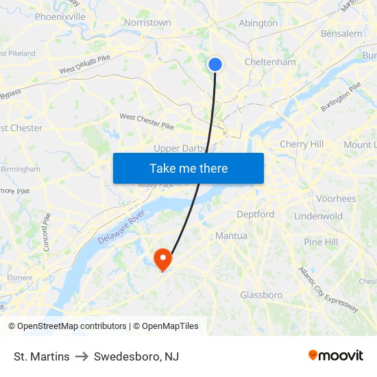 St. Martins to Swedesboro, NJ map