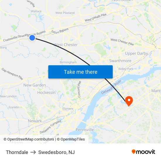 Thorndale to Swedesboro, NJ map