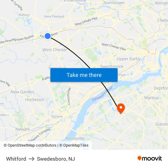 Whitford to Swedesboro, NJ map