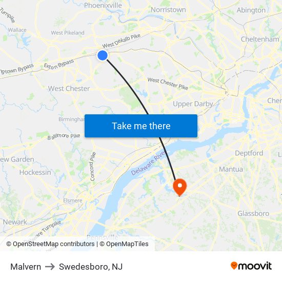 Malvern to Swedesboro, NJ map