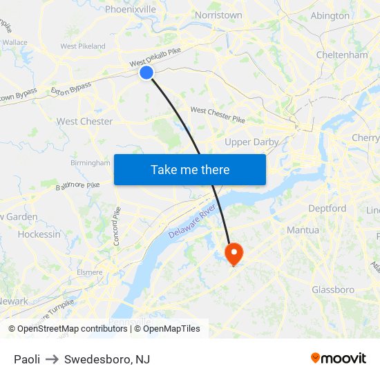 Paoli to Swedesboro, NJ map