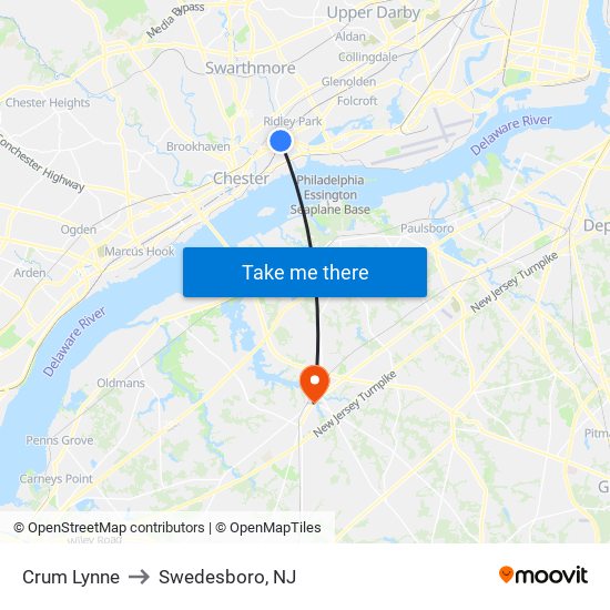 Crum Lynne to Swedesboro, NJ map