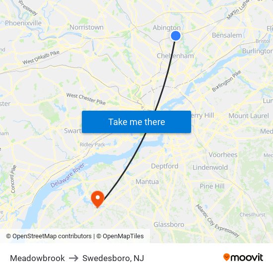 Meadowbrook to Swedesboro, NJ map