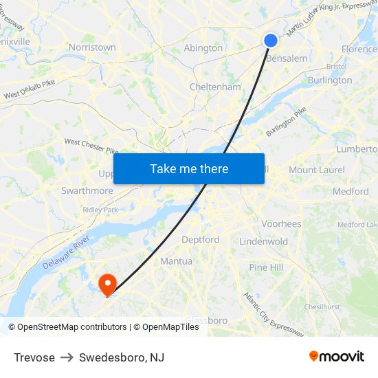 Trevose to Swedesboro, NJ map