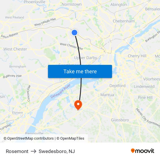 Rosemont to Swedesboro, NJ map