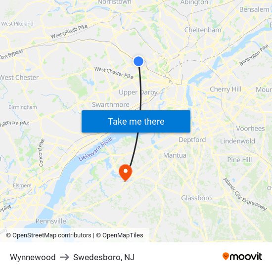 Wynnewood to Swedesboro, NJ map