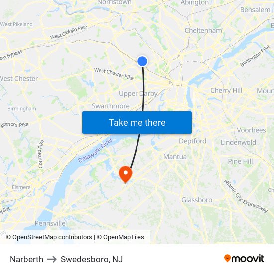 Narberth to Swedesboro, NJ map