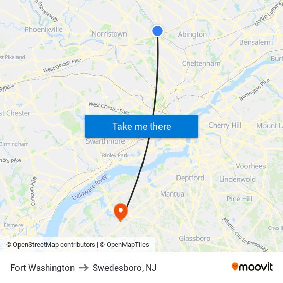 Fort Washington to Swedesboro, NJ map