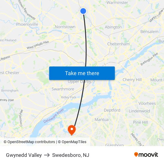 Gwynedd Valley to Swedesboro, NJ map