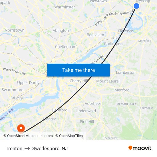 Trenton to Swedesboro, NJ map