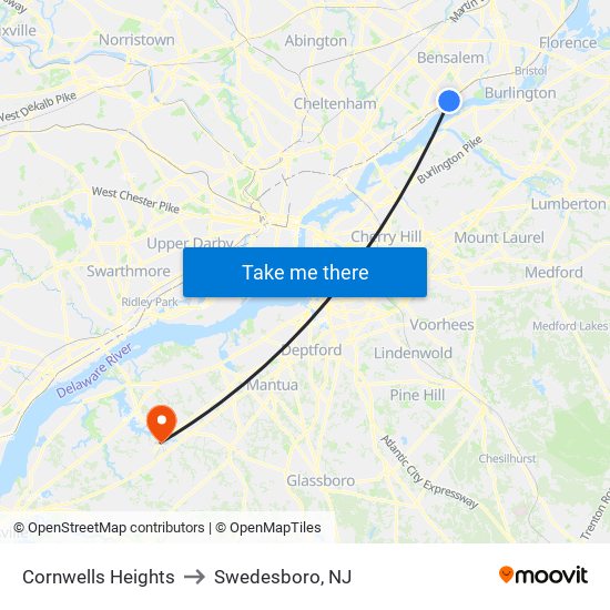 Cornwells Heights to Swedesboro, NJ map
