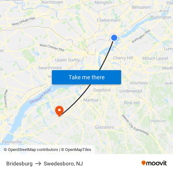 Bridesburg to Swedesboro, NJ map