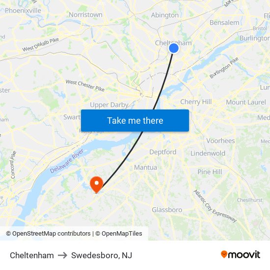 Cheltenham to Swedesboro, NJ map