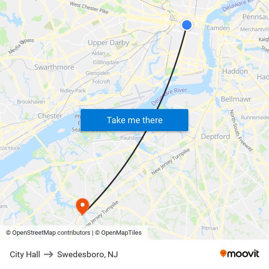City Hall to Swedesboro, NJ map