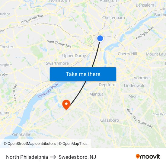 North Philadelphia to Swedesboro, NJ map