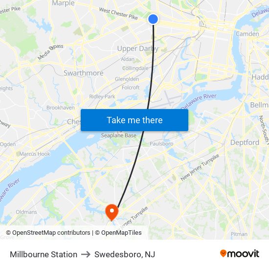 Millbourne Station to Swedesboro, NJ map