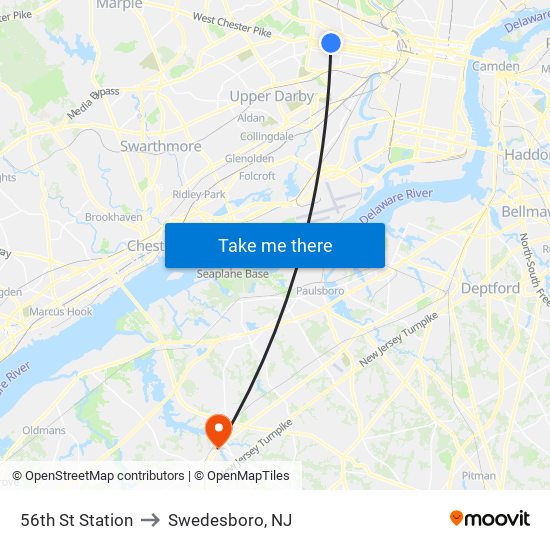 56th St Station to Swedesboro, NJ map