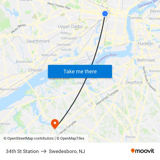 34th St Station to Swedesboro, NJ map