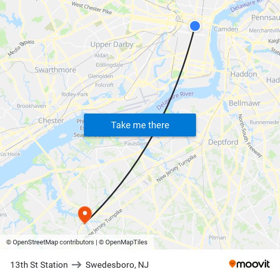 13th St Station to Swedesboro, NJ map