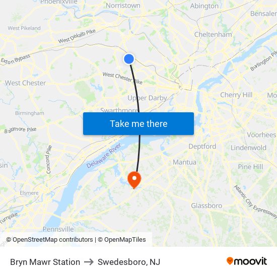 Bryn Mawr Station to Swedesboro, NJ map