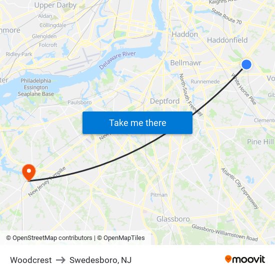 Woodcrest to Swedesboro, NJ map