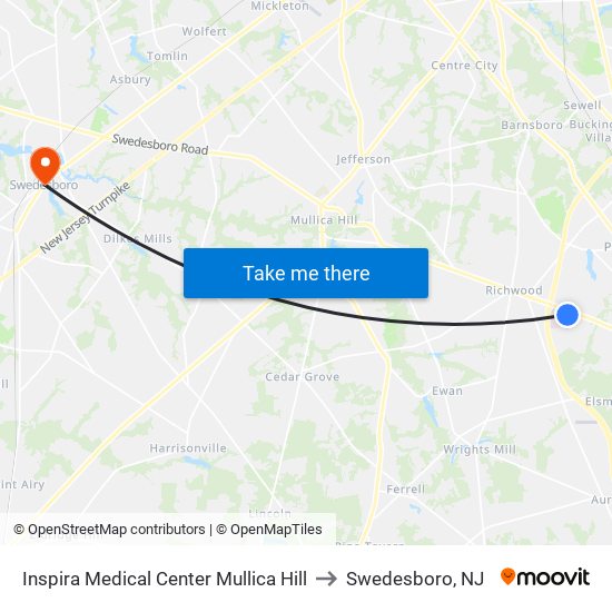 Inspira Medical Center Mullica Hill to Swedesboro, NJ map