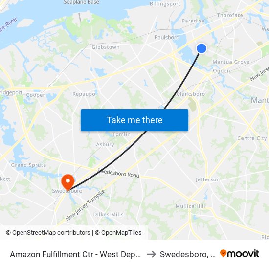 Amazon Fulfillment Ctr - West Deptford to Swedesboro, NJ map