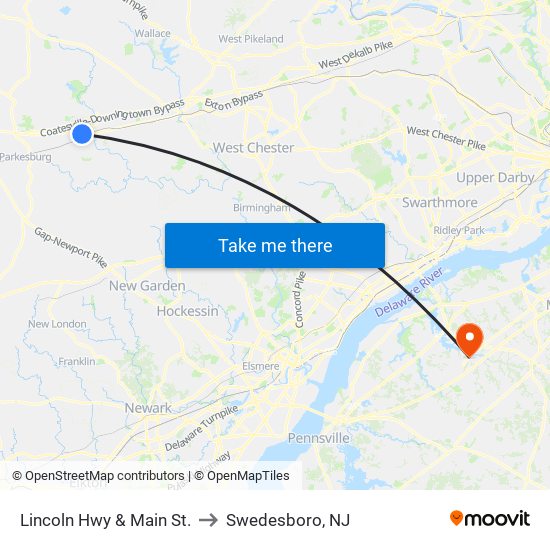 Lincoln Hwy & Main St. to Swedesboro, NJ map