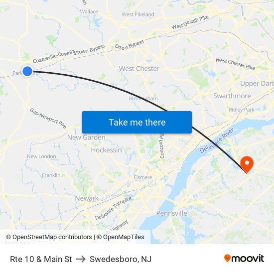 Rte 10 & Main St to Swedesboro, NJ map