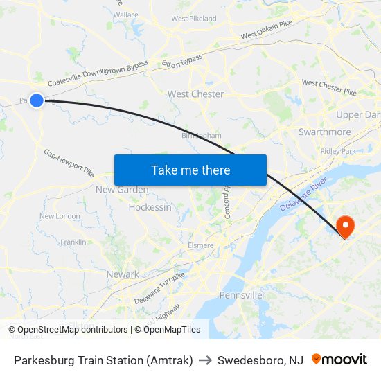 Parkesburg Train Station (Amtrak) to Swedesboro, NJ map