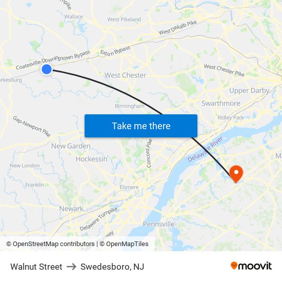 Walnut Street to Swedesboro, NJ map