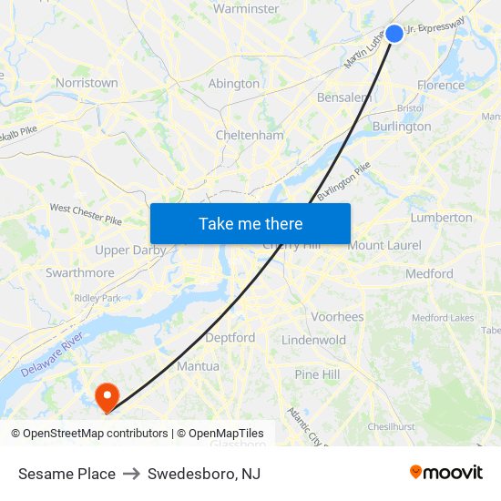 Sesame Place to Swedesboro, NJ map