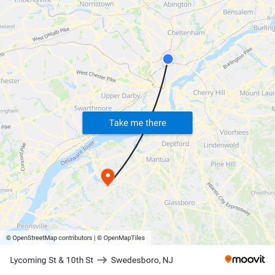 Lycoming St & 10th St to Swedesboro, NJ map