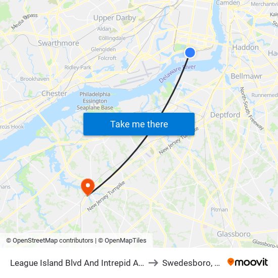League Island Blvd And Intrepid Ave to Swedesboro, NJ map