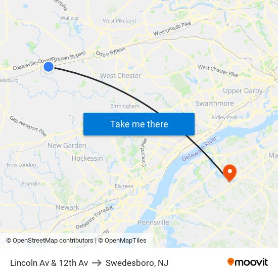 Lincoln Av & 12th Av to Swedesboro, NJ map