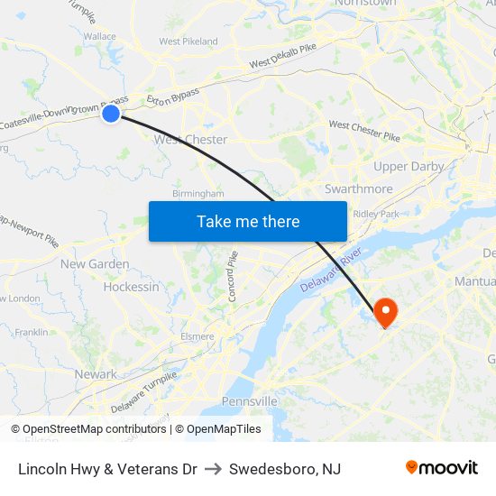 Lincoln Hwy & Veterans Dr to Swedesboro, NJ map