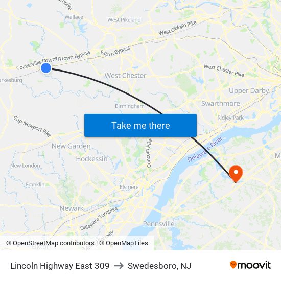 Lincoln Highway East 309 to Swedesboro, NJ map