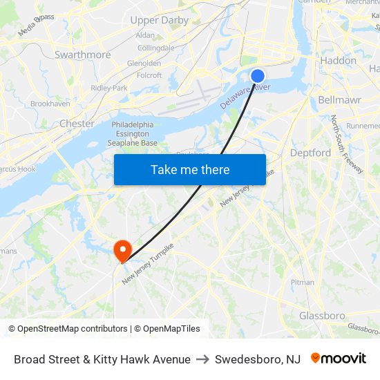 Broad Street & Kitty Hawk Avenue to Swedesboro, NJ map