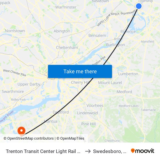Trenton Transit Center Light Rail Sta to Swedesboro, NJ map