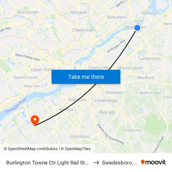 Burlington Towne Ctr Light Rail Station to Swedesboro, NJ map