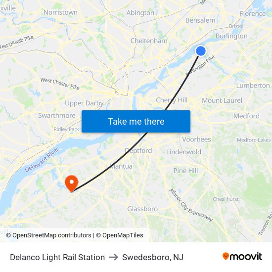 Delanco Light Rail Station to Swedesboro, NJ map