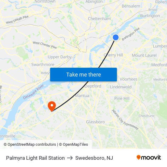 Palmyra Light Rail Station to Swedesboro, NJ map