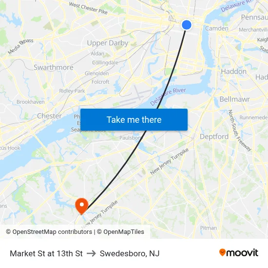 Market St at 13th St to Swedesboro, NJ map
