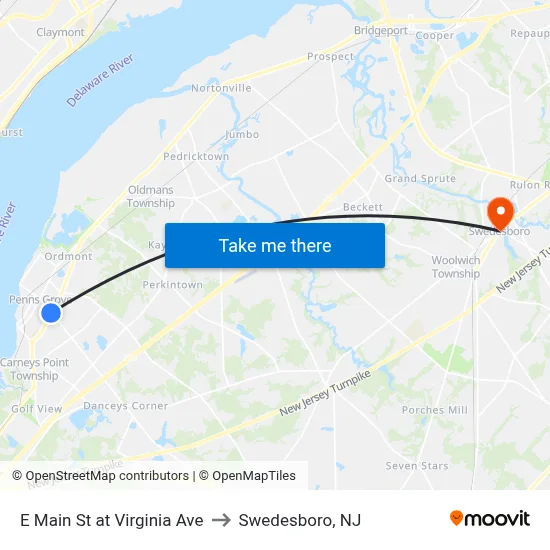 E Main St at Virginia Ave to Swedesboro, NJ map