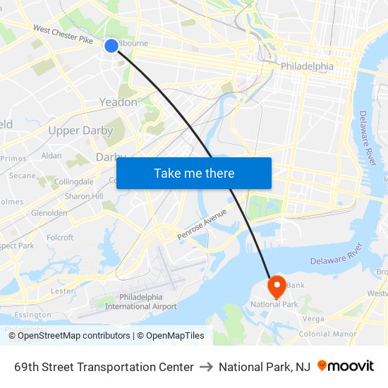 69th Street Transportation Center to National Park, NJ map