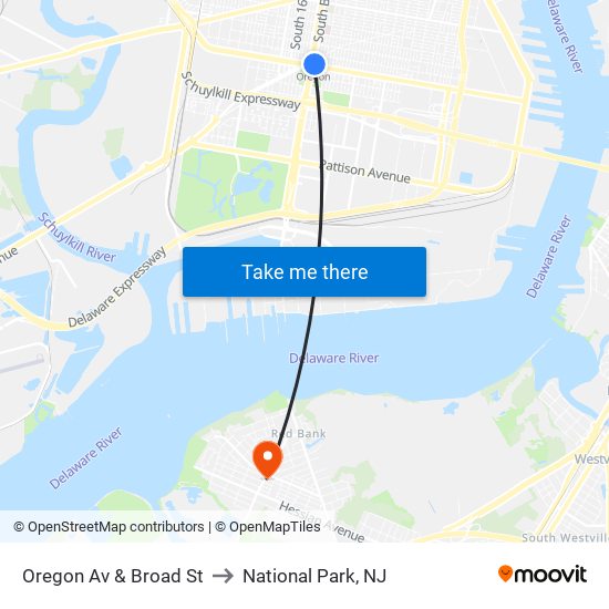 Oregon Av & Broad St to National Park, NJ map