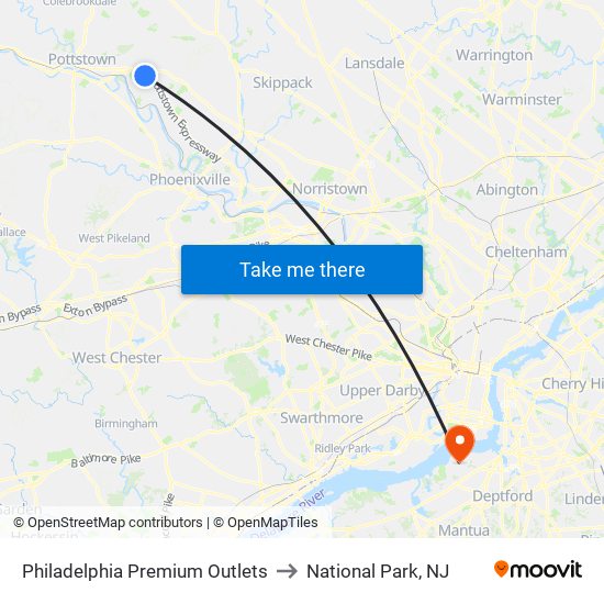 Philadelphia Premium Outlets to National Park, NJ map